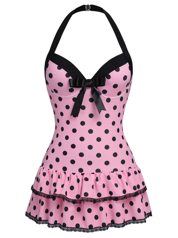 1940S HALTER POLKA DOTS BOW ONE-PIECE SWIMSUIT