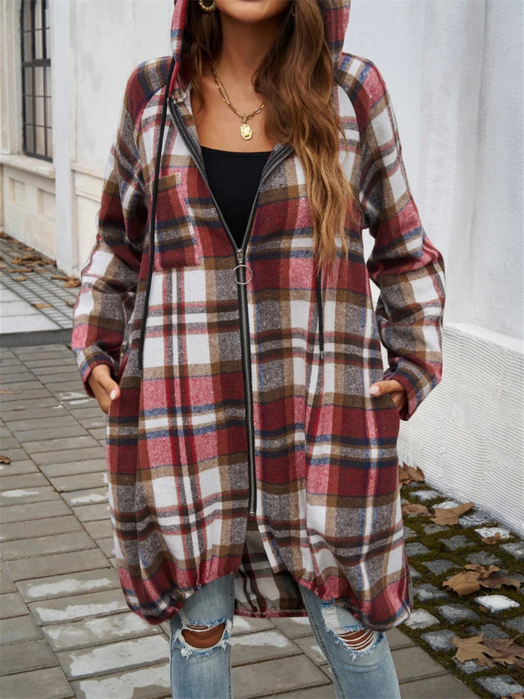 Women's Long Sleeve V-neck Plaid Graphic Printed Coats