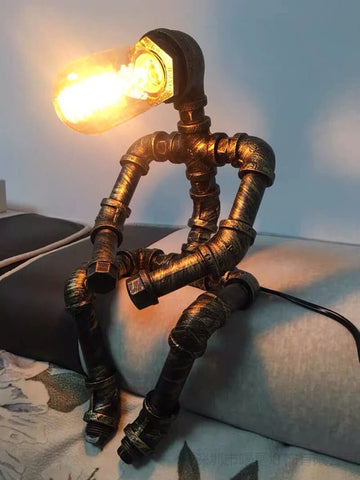 steampunk pipe robot lamp, side table lamp, desk lamp, bed lamp