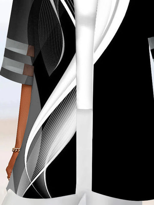 Women Half Sleeve Scoop Neck Striped Printed Colorblock Two-Pieced Tops