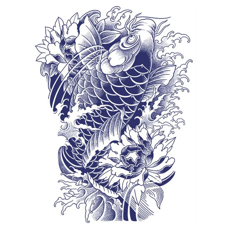 1 Sheet Fish God Viking Wing Samurai Full Back Semi-Permanent Tattoos