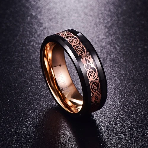 6MM 8MM 10MM Black with Rose Gold Tungsten Celtic Dragon Knot with Resin Inlay and Rose Gold Inside Tone Rings