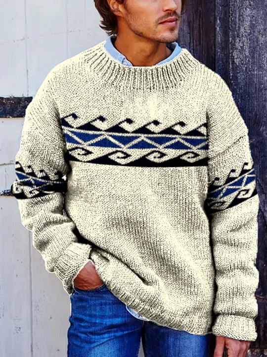 Wool blend Icelandic mens T-neck soft sweater in beige/IM14