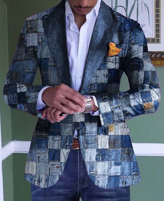 Denim Pattern Turndown Collar Chest Pocket Blazer