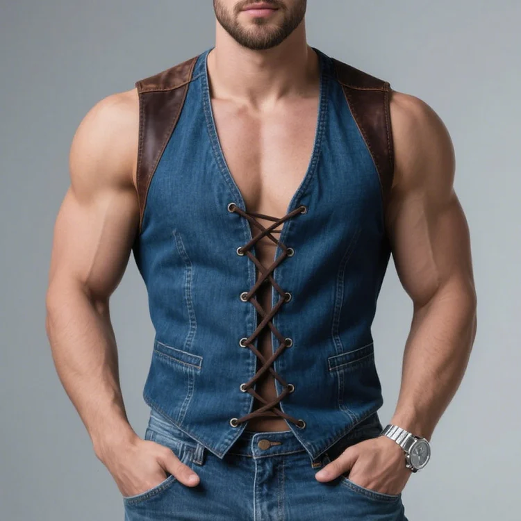 Okaywear Denim V Neck PU Leather Patches Lace Up Vest 