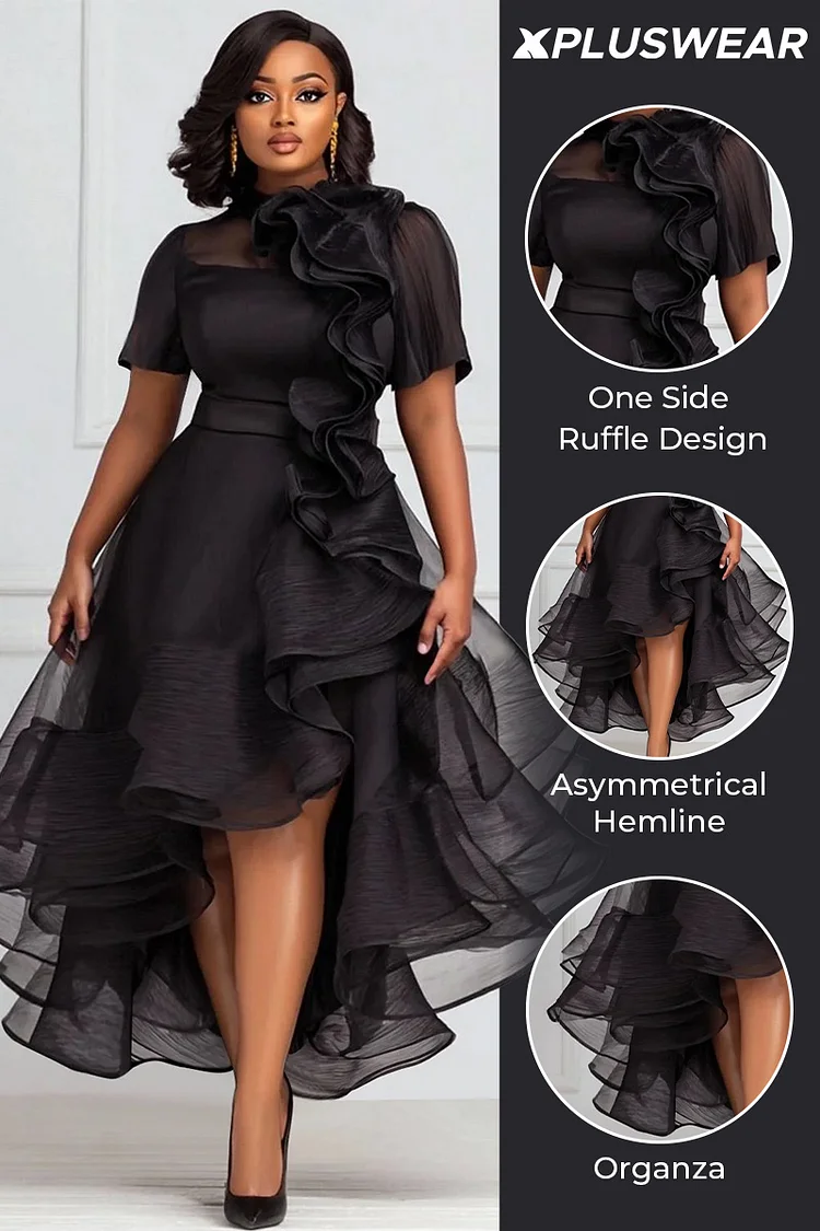 Xpluswear Design Plus Size Cocktail Party Black Round Neck Short Sleeve Ruffle Elegant 3D Organza Maxi Dresses [Pre-Order]