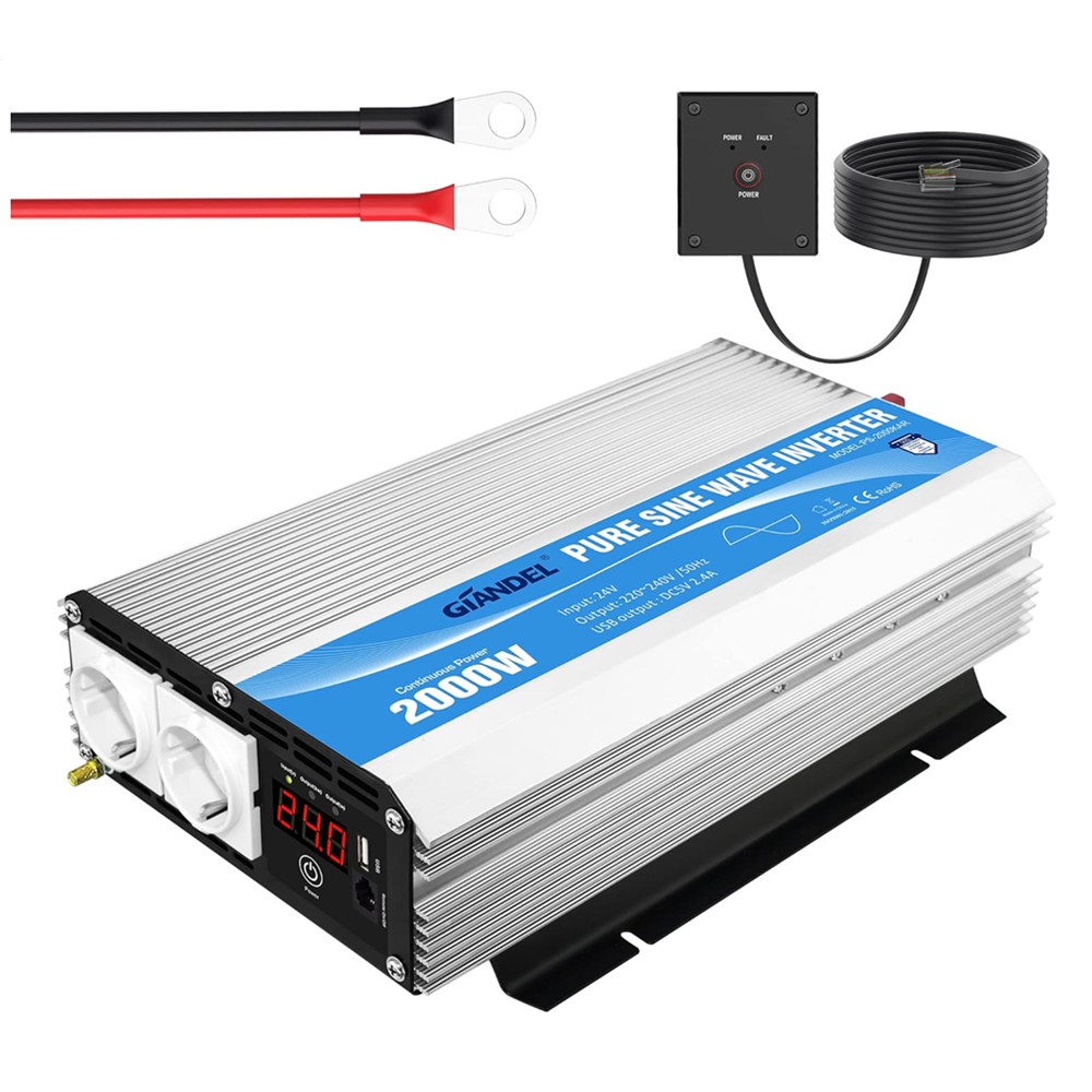 【Gilt für Deutschland 】Gebrauchte Produkte 2000W  Wechselrichter 24V auf 230V Reiner Sinus Spannungswandler Umwandler-Inverter mit Zwei EU-Steckdosen Fernbedienung & 2.4A USB & LED-Anzeige Für Wohnmobil GIANDEL
