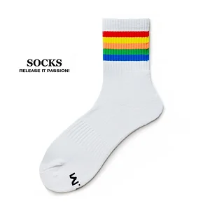 Rainbow striped sports cotton towel bottom thickened mid-length sweat-absorbent socks