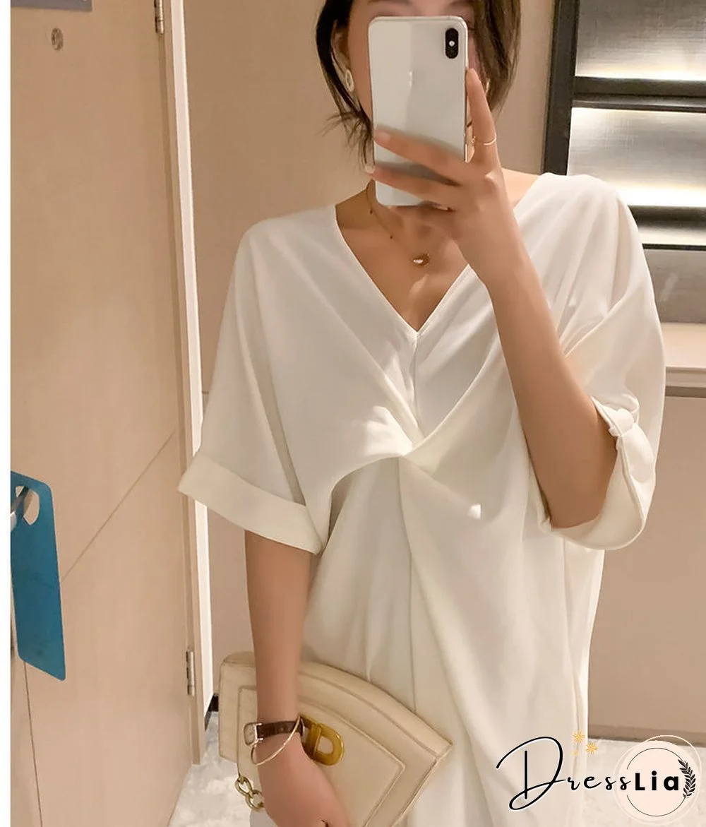 Extra-large Kinked T-shirt Skirt Loose Tibetan Meat Slim Backless V-neck Dress Wihte Dresses