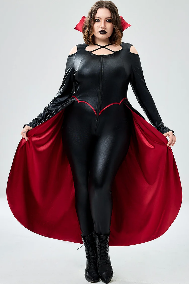 Xpluswear Design Plus Size Halloween Costume Black Cosplay Darkness Overlay Skirt PU Leather Jumpsuit 