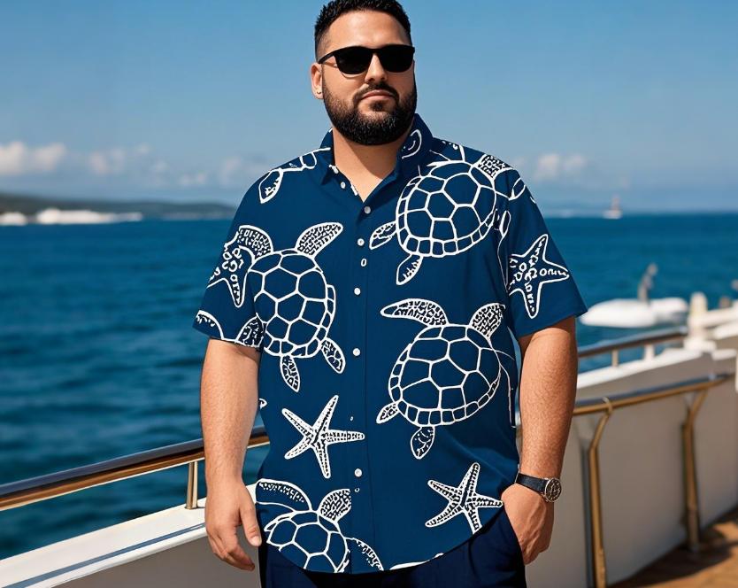 a man wearing torture printed big men’s Hawaiian shirt standing on the cruise ship