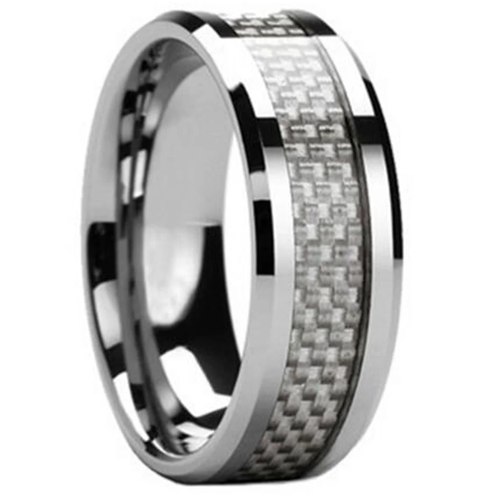 6MM 8MM Inlaid White Carbon Fiber Tungsten Rings Beveled Edge
