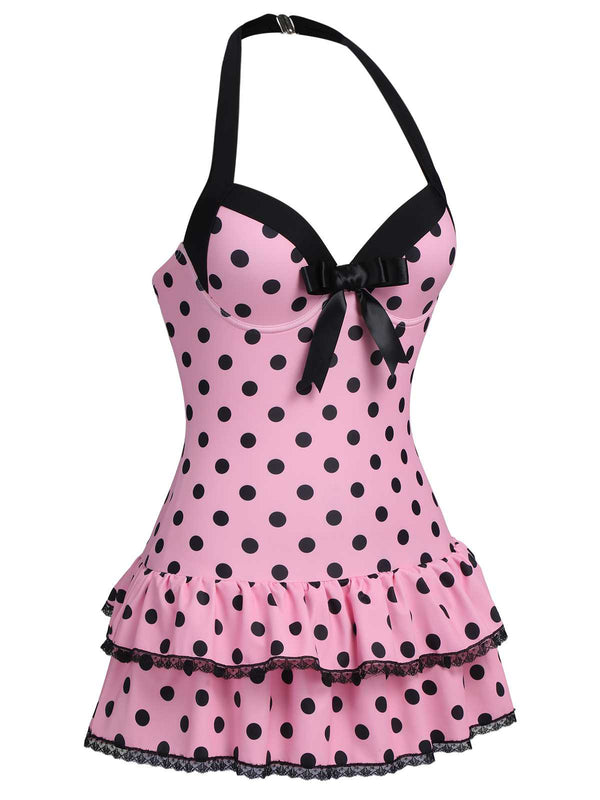 1940S HALTER POLKA DOTS BOW ONE-PIECE SWIMSUIT