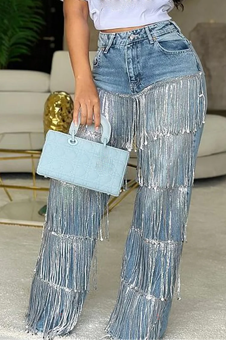 Sequin Fringed Decor Denim High Waist Straight Leg Jeans-Blue