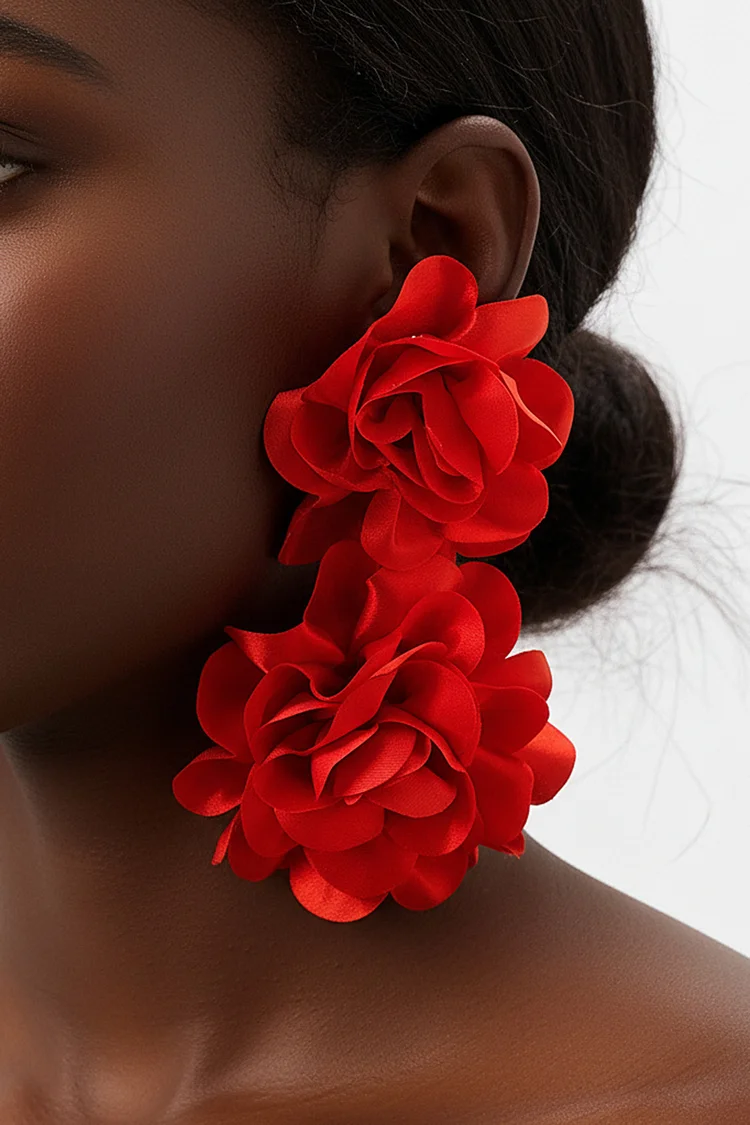 Fashion Red Satin Floral Shaped Long Earrings