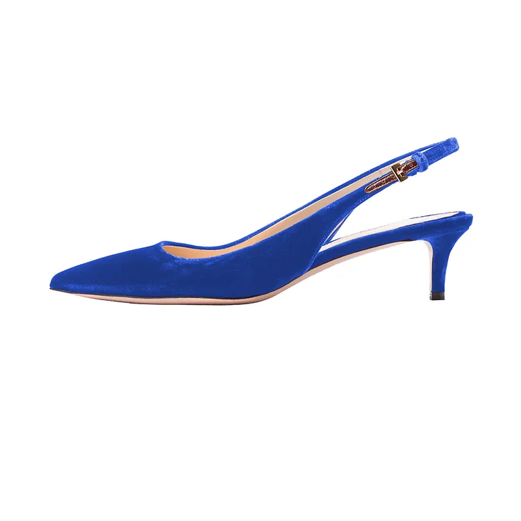 Royal Blue Heels Velvet Slingback Pumps Pointy Toe Kitten Heels Shoes |FSJ Shoes