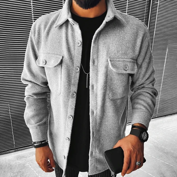 BrosWear Solid Color Lapel Pocket Outerwear Long Sleeve Jacket