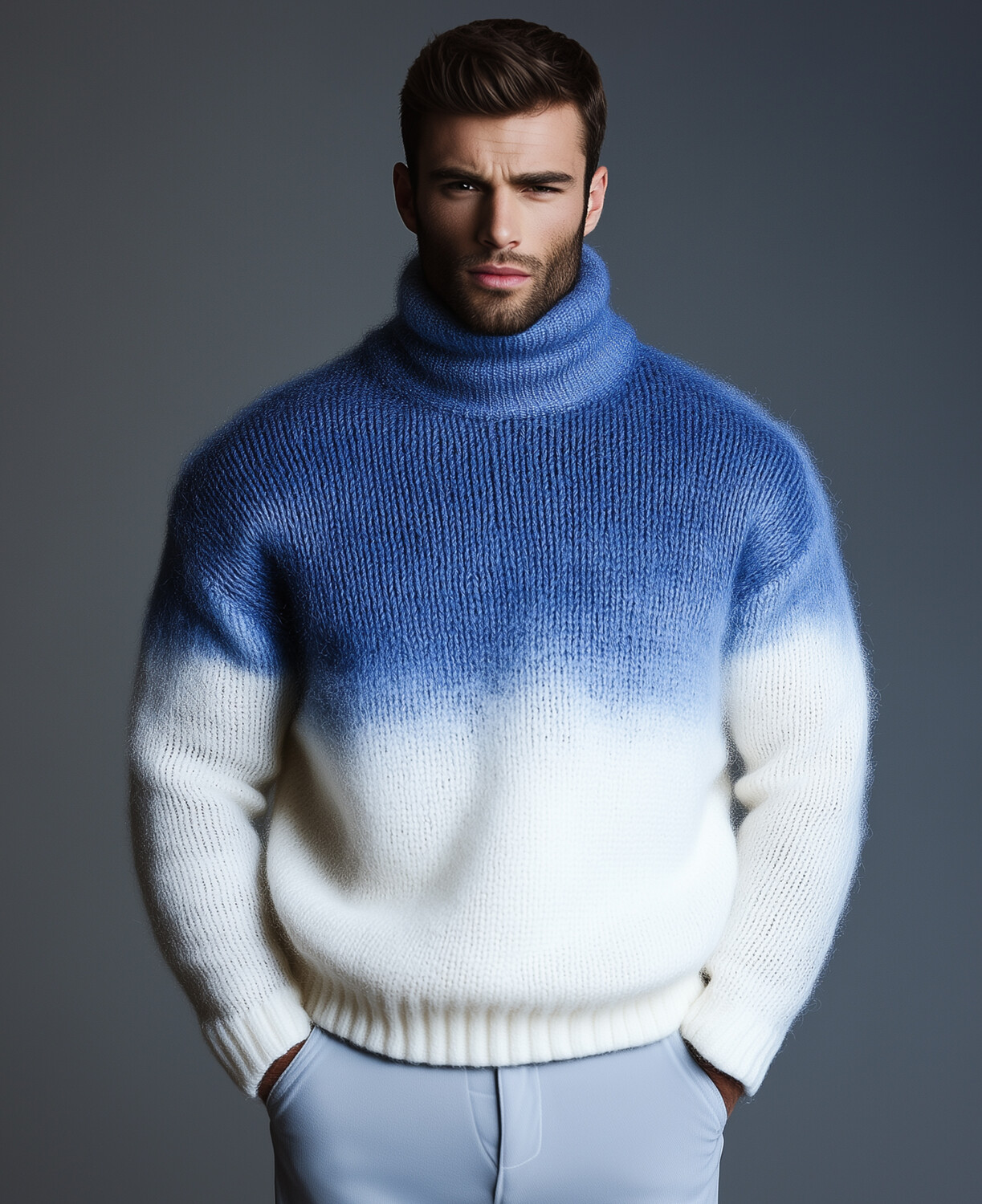 Fashionable Knit Gradient Print Turtleneck Sweater Men's Winter Autumn Cosily Long Sleeve Sweater