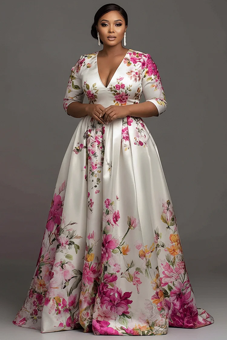 Xpluswear Design Plus Size Formal Multicolor Floral V Neck Short Sleeve Pocket Satin Maxi Dresses 2024 - Xpluswear