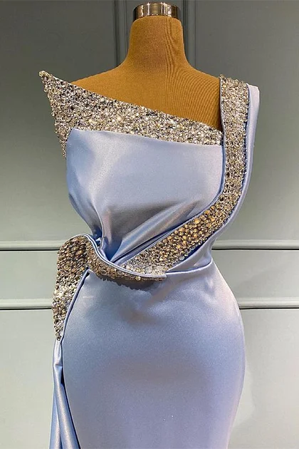 Oknass Light Blue One Shoulder Sleeveless Mermaid Long Beads Prom Dress With Ruffles