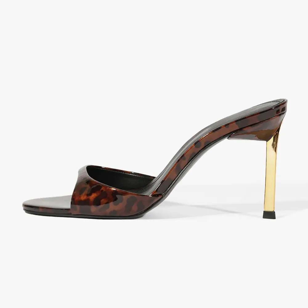 Tortoise Shell Pattern Heels Brown & Black Patent Leather Tortoiseshell Pattern Mule Heels