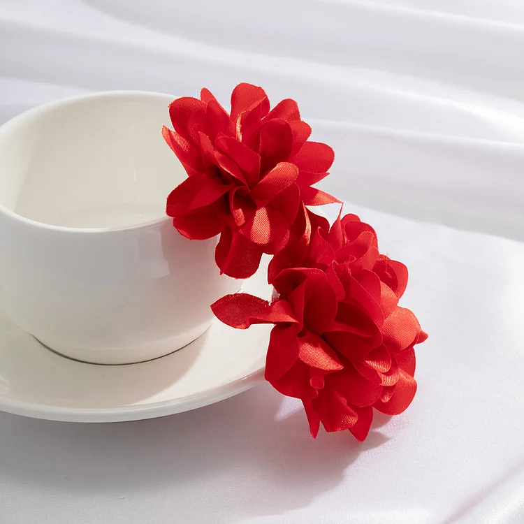 Fashion Red Satin Floral Shaped Long Earrings