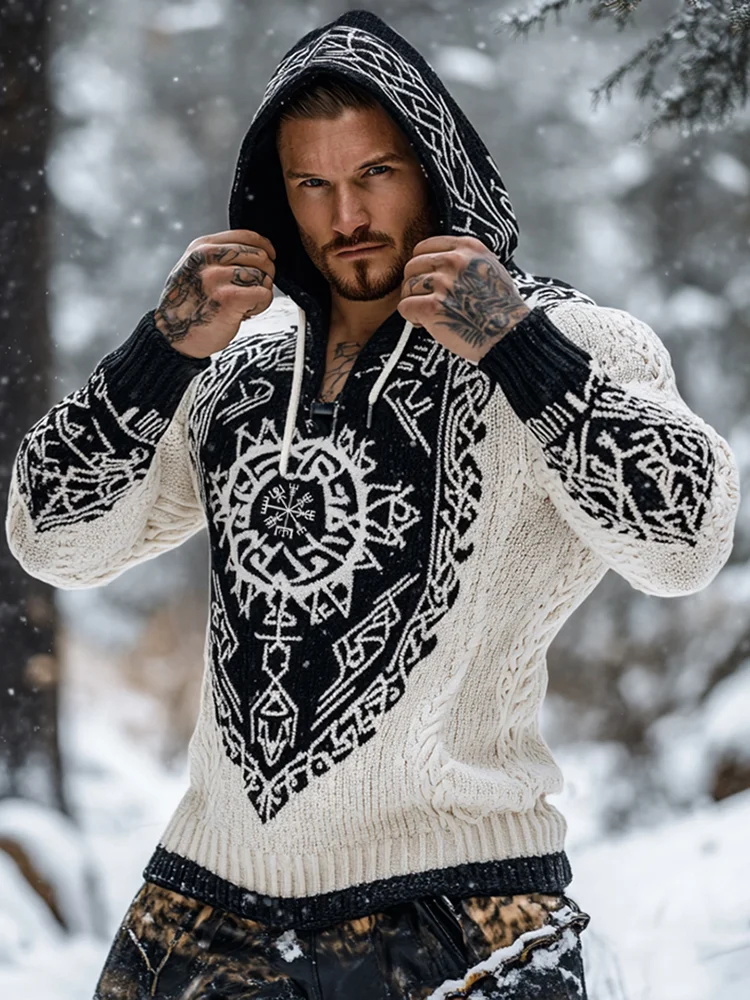 Men's Viking Tribal Jacquard Celtic Inspired Chunky Knit Hooded Sweater