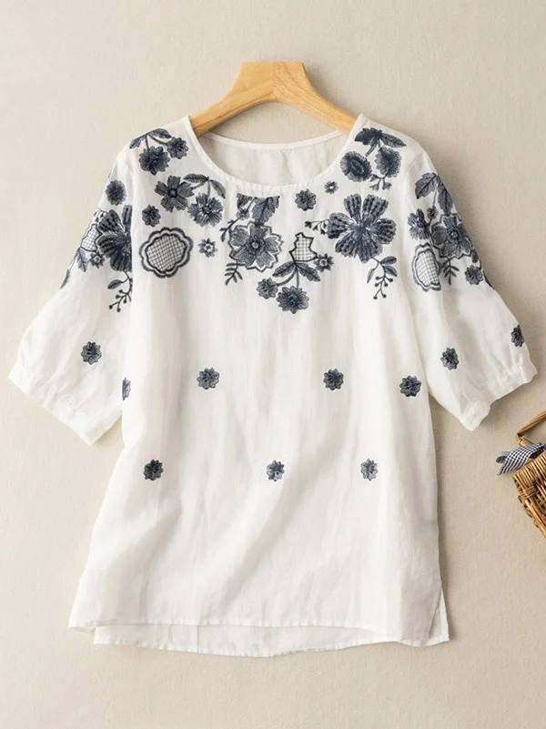 Nostalgic Elegance: Round-Neck Shirts with Vintage Embroidery and Short ...