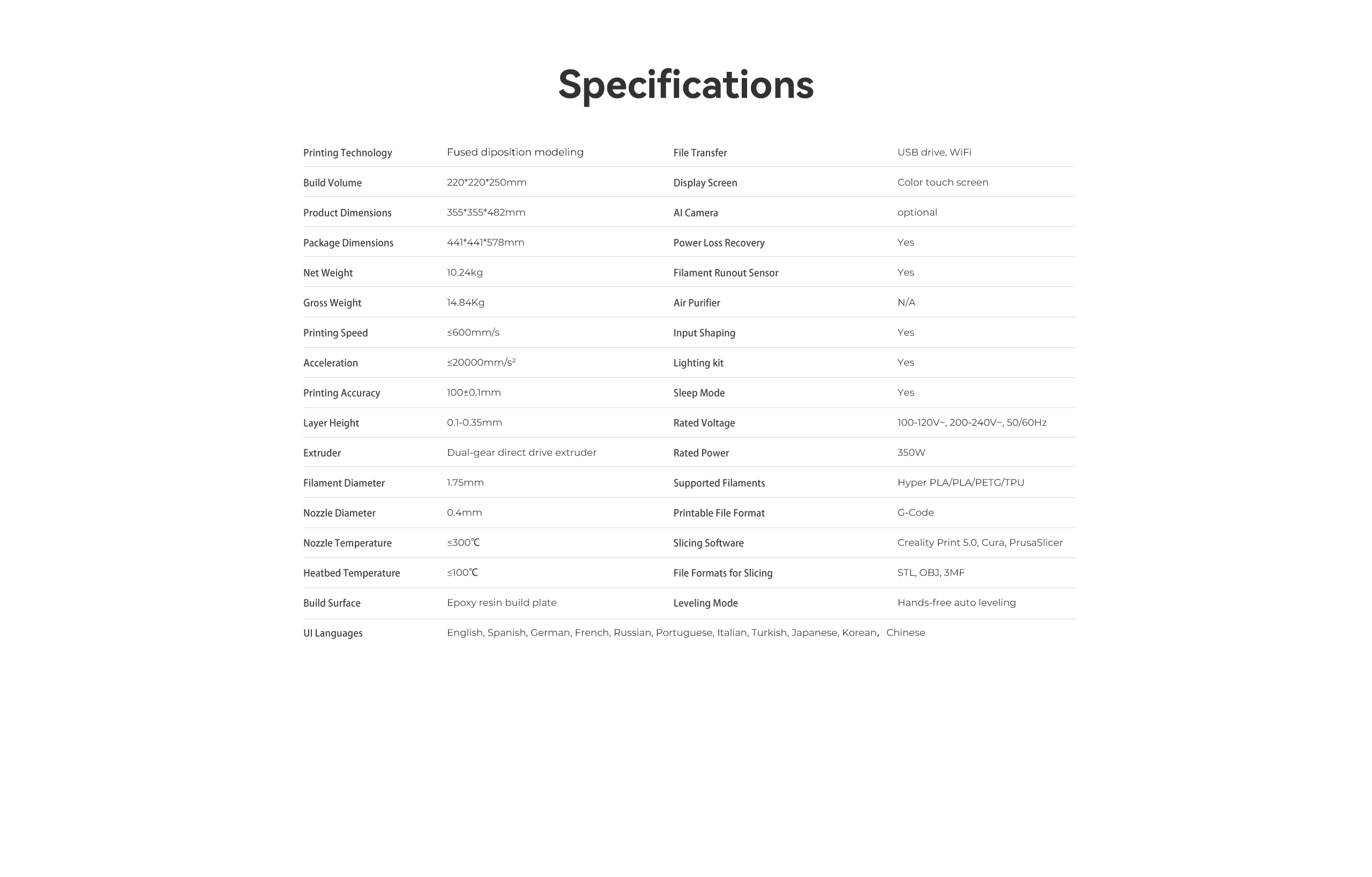 3D printer specifications