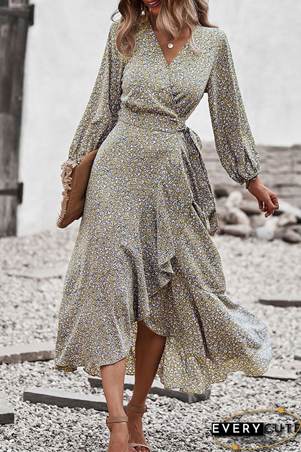 Elegant Floral Flounce Strap Design V Neck A Line Dresses(5 colors)