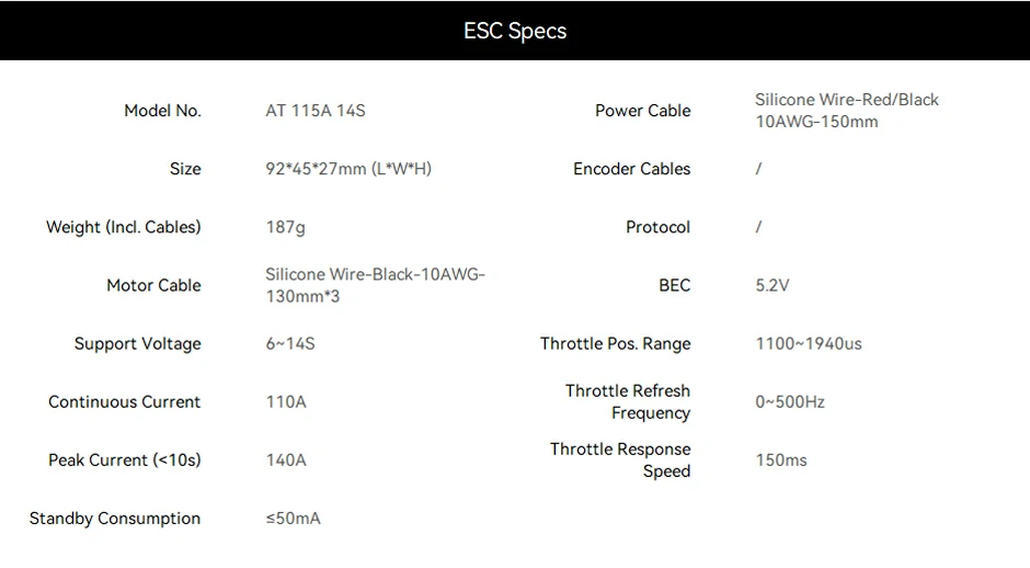 AT7215 fixed-wing UAV propulsion system ESC specifications