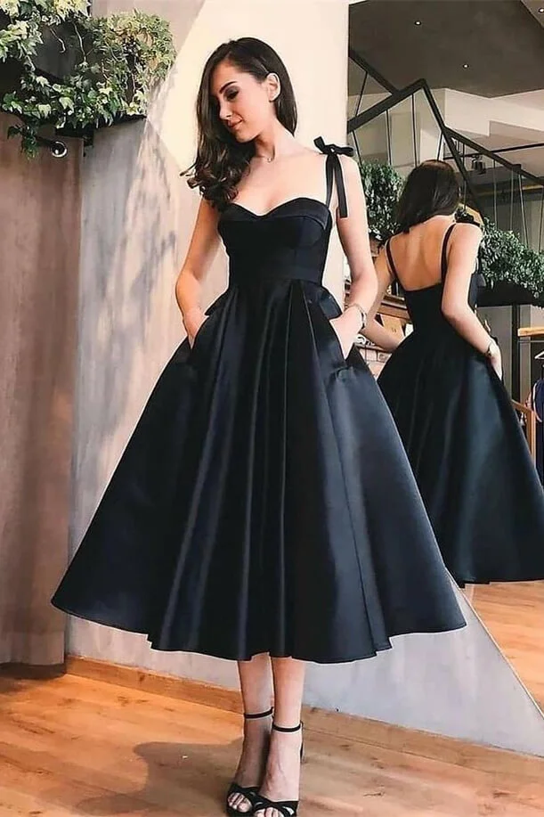 Sweetheart Black Spaghetti-Straps Tea Length A-Line Evening Dress With Pockets | Ballbellas Ballbellas