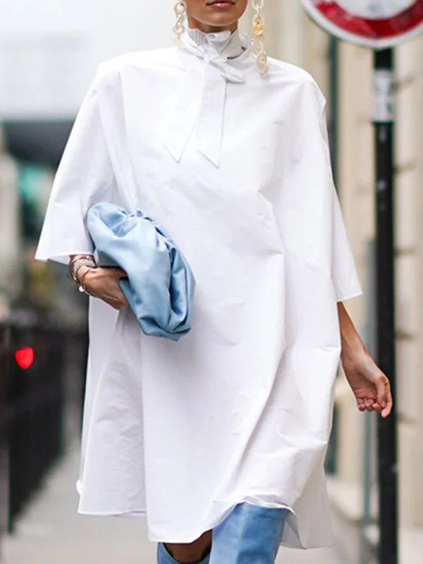 Loose Three-Quarter Sleeves Buttoned Solid Color Tied Lapel Blouses&Shirts Tops