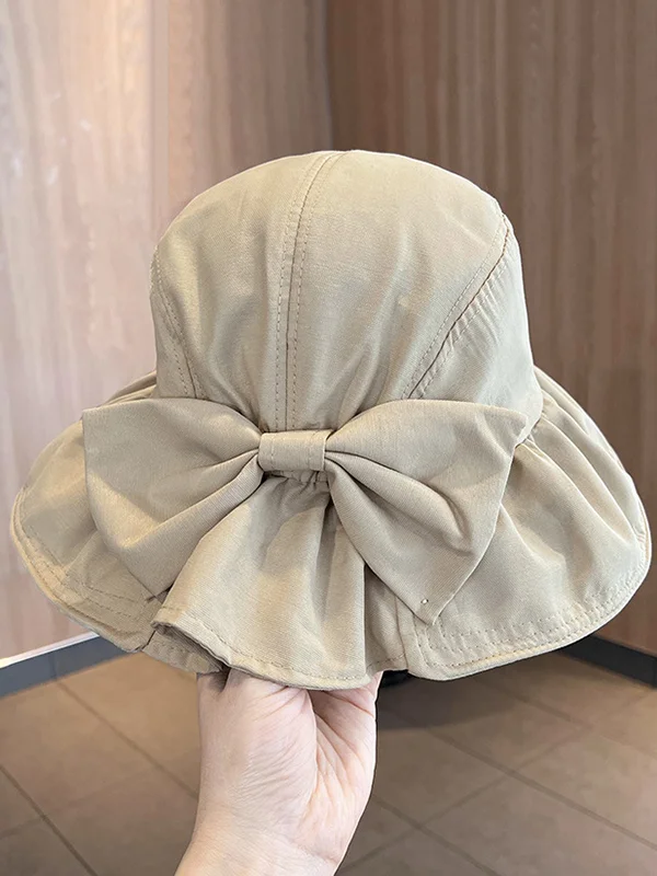Sun-Protection Bowknot Pleated Solid Color Fisherman Hat Sun Hat