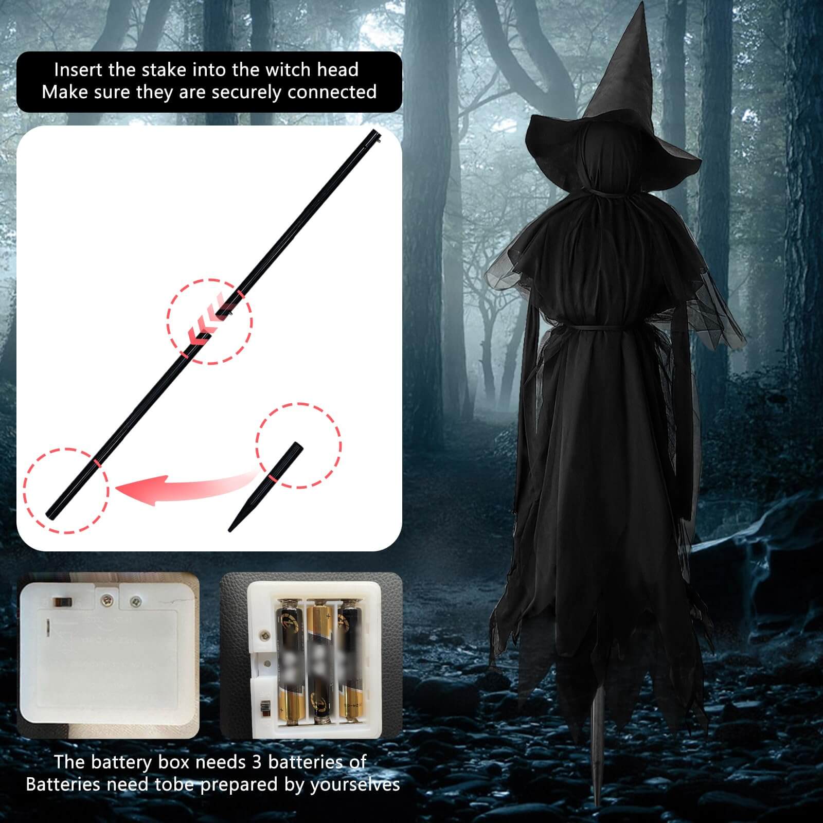4.9 ft LED Halloween Black Witches with Hats Stakes (3 PCS)