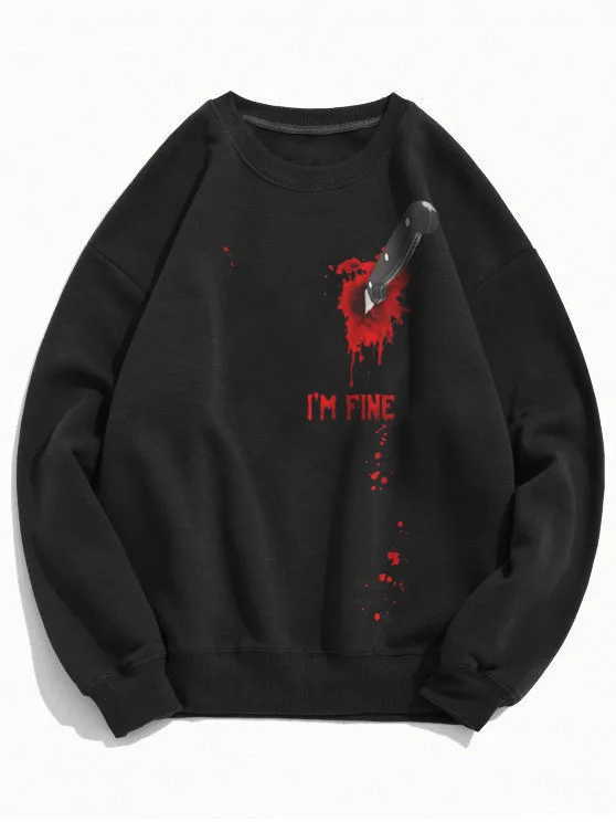 Men's Halloween Scary Bloody Knife I'm Fine Print Sweatshirt