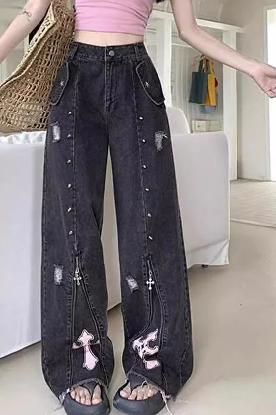 New Y2K Punk High-Waisted Wide-Leg Pants