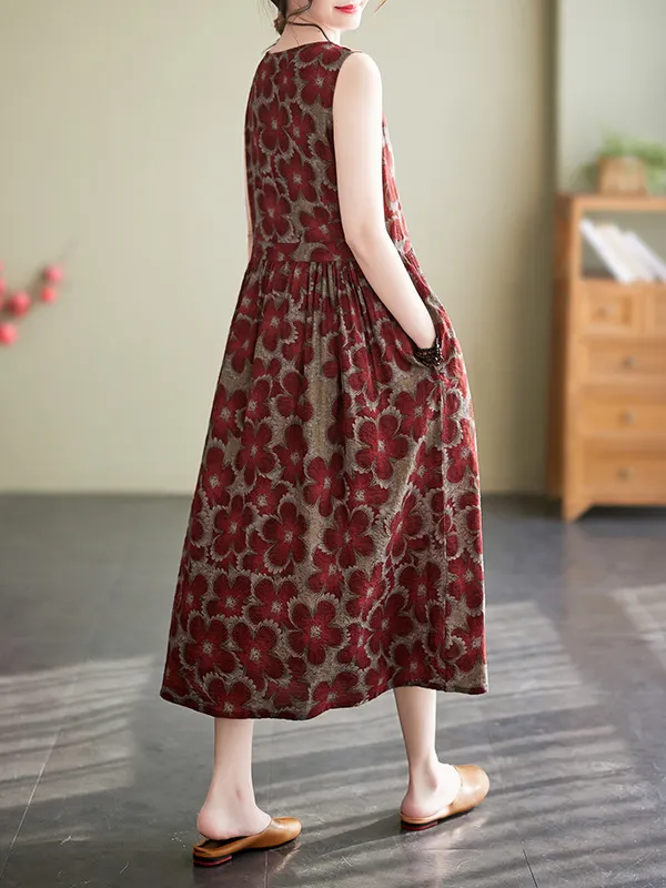 Round Neck Drawstring Waist Women Midi Dress