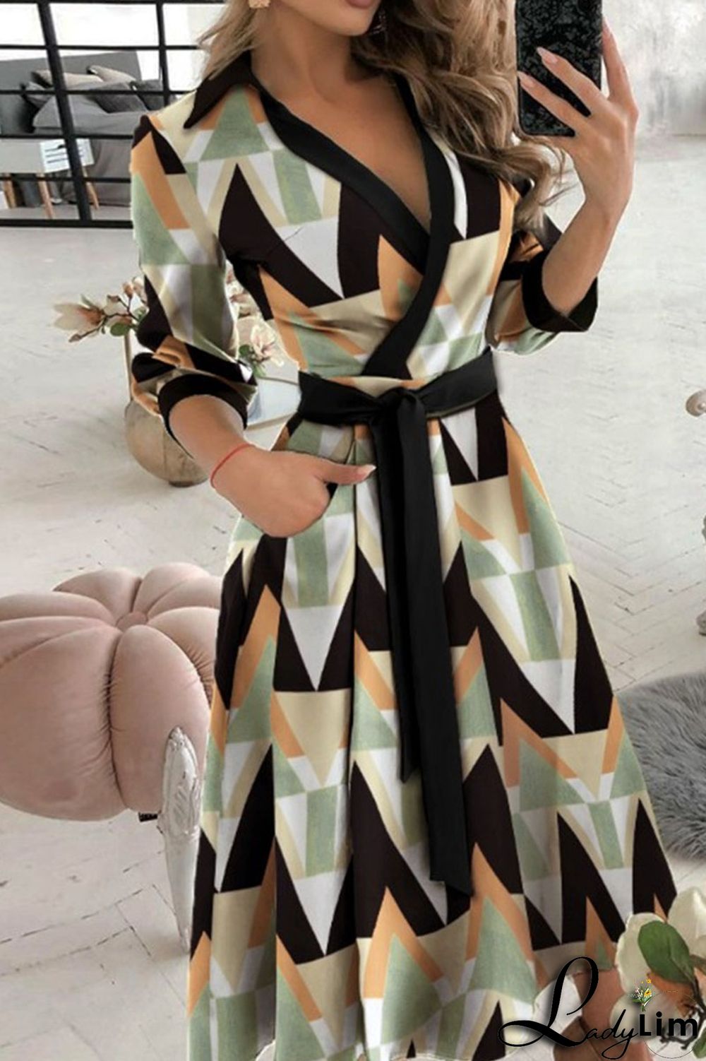 Colour Casual Print Bandage Split Joint V Neck A Line Dresses