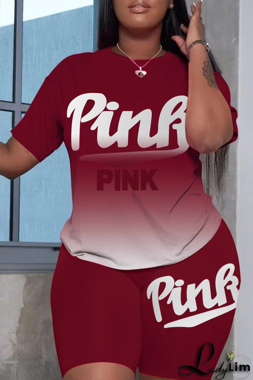 Green Fashion Casual Gradual Change Letter Print Basic O Neck Short Sleeve Two Pieces