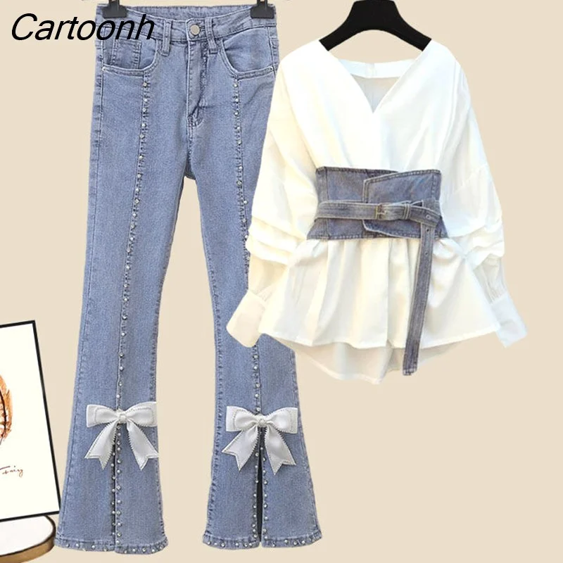 Cartoonh Size Women's Suit Spring and Autumn 2022 New Fashion Slim Korean Shirt Casual Jeans Two-piece Pullover Suit