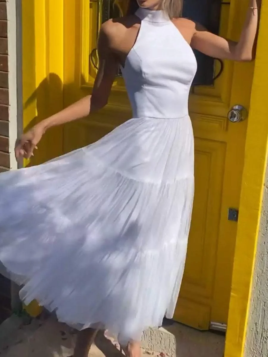 Elegant SATIN Wrap Chest Sleeveless Mid Length Evening Dress