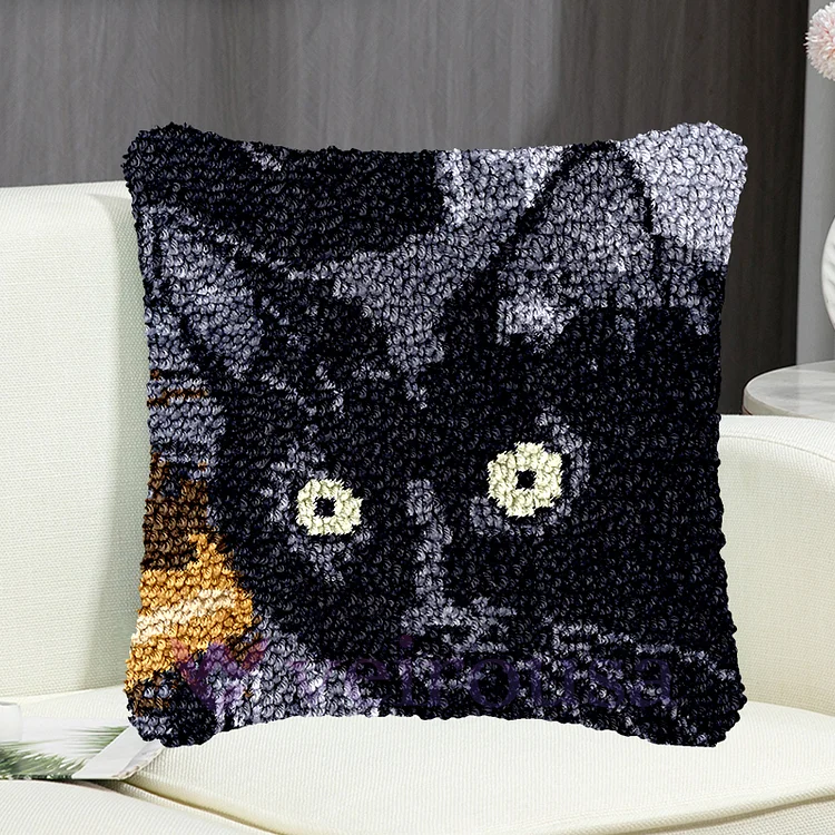 Black Cat Hooked Pillow