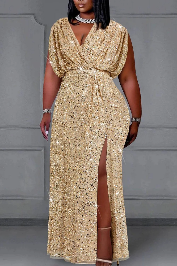 Xpluswear Design Plus Size Formal Gold V Neck Split Sequin Maxi Dresses -  Xpluswear