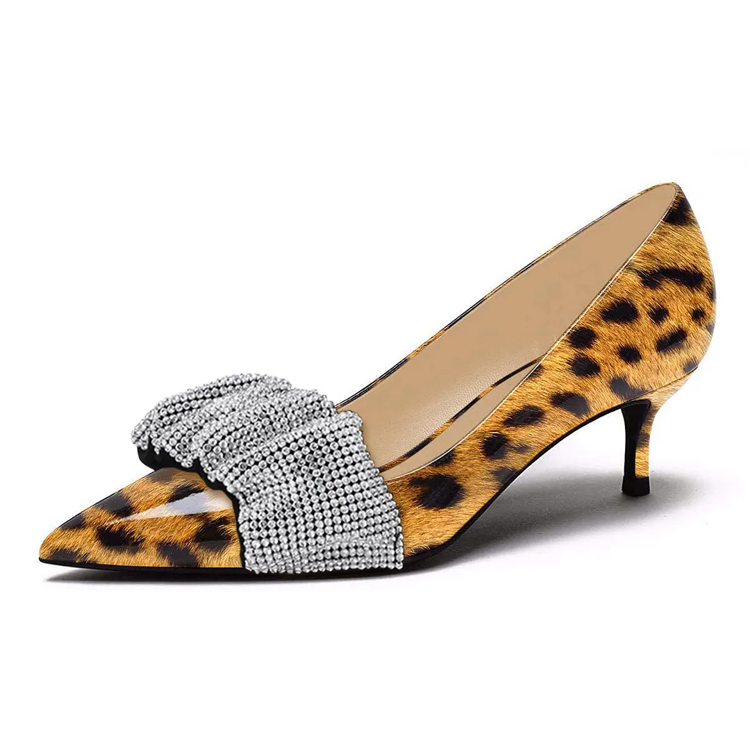 Leopard Printed Patent Leather Pointed Rhinestone Embellished Pumps