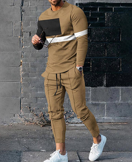 Casual Colorblock Print Long Sleeve Top & Pants Set