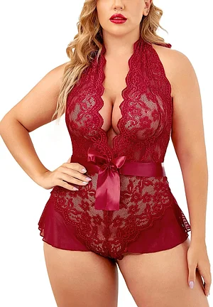 Plus Size Lingerie for Women Deep V Neck Teddy Lingerie Halter Lace Bodysuit Nightgown
