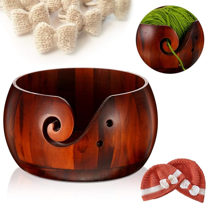 Handmade Wooden Yarn Bowl Wool Storage Bowl with Holes