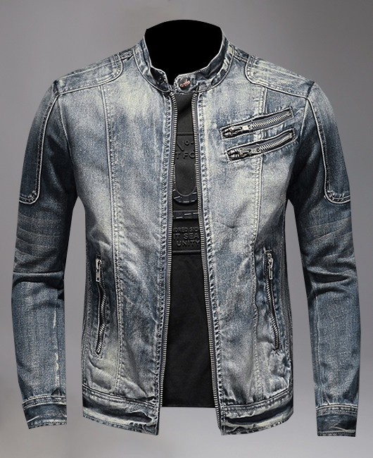 Casual Stand Collar Slant Pocket Denim Zipper Jacket