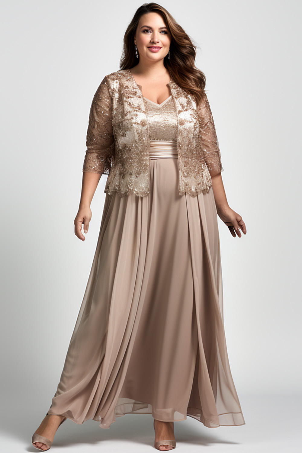 Flycurvy Plus Size Mother Of The Bride Coffee Chiffon Beads Two Pieces Maxi Dress With Jacket 2024 - Flycurvy 